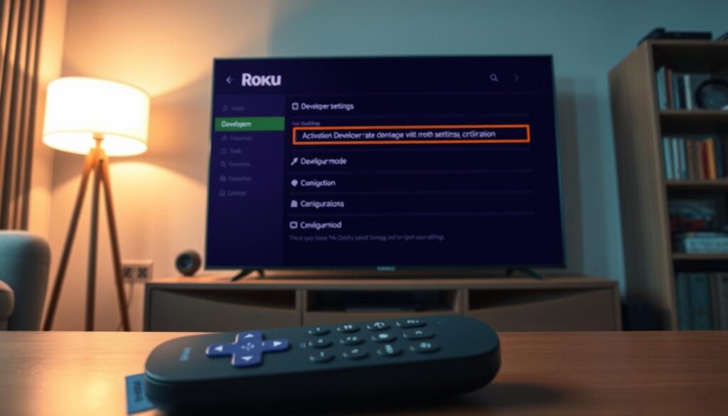 A close-up view of a Roku device displaying the developer settings interface on a modern television screen, set in a cozy living room environment. The foreground features the Roku remote with visible buttons, resting on a coffee table. In the middle, the TV screen displays an accessible UI with bright, intuitive options for activation and configuration settings, highlighting the developer mode section. The background includes soft lighting from a floor lamp, creating a warm and inviting glow, complemented by a bookshelf filled with tech gadgets. The mood is focused and instructional, suggesting a user-friendly atmosphere. The scene is shot from a slightly angled perspective, capturing the technology in use while maintaining a clean, uncluttered appearance.
