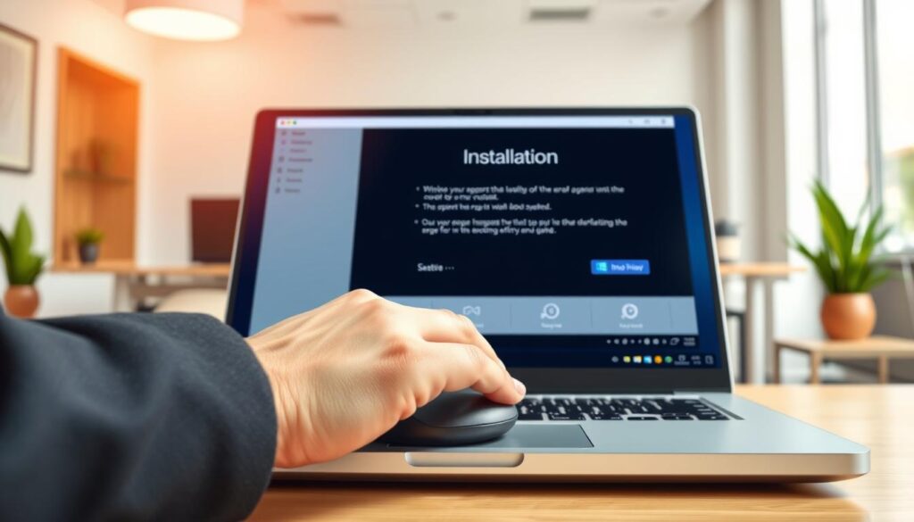 A close-up view of a computer screen displaying the installation process of Ibo Player on a Windows PC. The foreground features a sleek, modern laptop with visible on-screen prompts showing the installation steps. In the middle, a user’s hands in professional business attire are using a mouse, clicking through the setup. The background includes a well-lit office environment with a clean desk and a potted plant, conveying a professional and tech-savvy atmosphere. Soft, natural lighting enhances the scene, while a shallow depth of field focuses on the screen and hands, creating a sense of depth. The overall mood is informative and encouraging, ideal for a tutorial. A close-up view of a computer screen displaying the installation process of Ibo Player on a Windows PC. The foreground features a sleek, modern laptop with visible on-screen prompts showing the installation steps. In the middle, a user’s hands in professional business attire are using a mouse, clicking through the setup. The background includes a well-lit office environment with a clean desk and a potted plant, conveying a professional and tech-savvy atmosphere. Soft, natural lighting enhances the scene, while a shallow depth of field focuses on the screen and hands, creating a sense of depth. The overall mood is informative and encouraging, ideal for a tutorial.