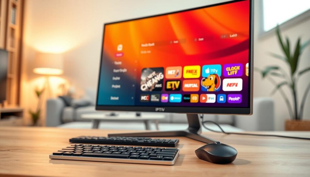 A close-up view of a modern IPTV player interface displayed on a sleek computer monitor, showcasing various functional features like a user-friendly menu, channel listings, and playback controls in vibrant colors. In the foreground, emphasize the monitor with sharp details, highlighting the intuitive design and icons of the IPTV player. In the middle, include a stylish, minimalist desk setup with a wireless keyboard and mouse for a tech-savvy look. The background subtly features a blurred-out living room scene, conveying a cozy and relaxed atmosphere. Soft, warm lighting enhances the overall mood, creating an inviting and professional environment. The angle should be slightly tilted for dynamic perspective, emphasizing the advanced technology of the player interface.
