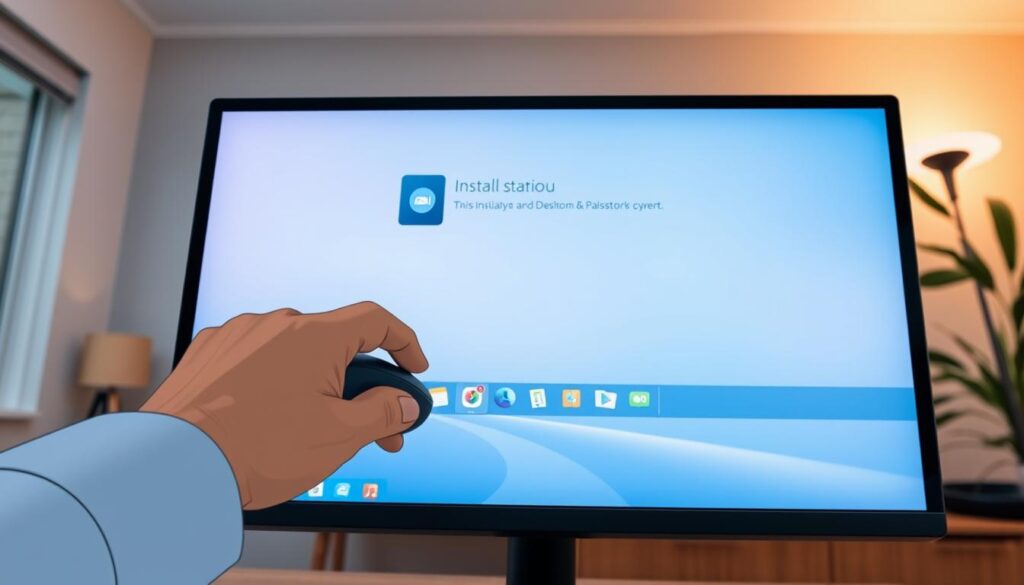 A close-up view of a sleek, modern computer screen displaying the 5KPlayer installation steps on a Windows desktop. In the foreground, a user’s hands are shown carefully navigating the installation process using a mouse, highlighting the interactive elements of the software interface. The middle layer features a clear view of the desktop background, showcasing a well-organized workspace with a few colorful application icons. In the background, a softly lit room with muted colors enhances the focused atmosphere, complemented by ambient lighting to create a warm and inviting mood. The image is taken from a slightly elevated angle, capturing both the screen and the user's hands, emphasizing clarity and professionalism.