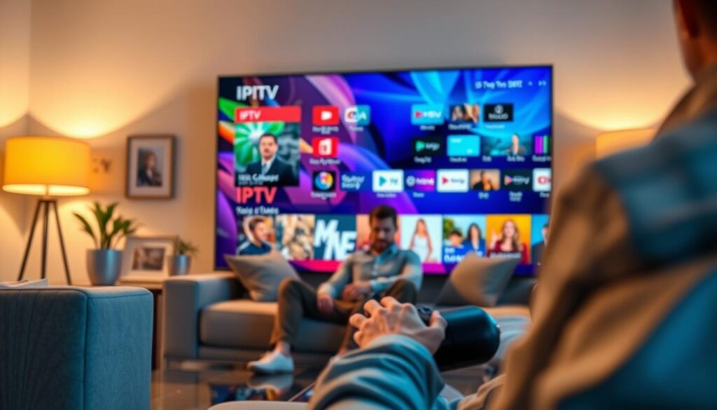 A close-up view of a smart TV displaying a vibrant IPTV player interface, showcasing various channels and streaming options in a modern living room setting. In the foreground, focus on the sleek smart TV with vivid colors and intricate graphics on the screen. The middle ground features a cozy sofa with a professional-looking person seated, casually dressed, intently navigating the IPTV options using a remote control. The background includes soft, ambient lighting emanating from stylish lamps, creating a warm and inviting atmosphere. The room has a contemporary design, with subtle decorations like picture frames and plants, enhancing the overall mood of modern technology integration in home entertainment. The perspective is slightly angled to emphasize the TV screen and the seated individual.