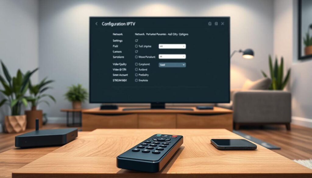 A close-up view of an IPTV application configuration screen displayed on a modern smart TV, showcasing various settings like network parameters, video quality options, and user accounts. In the foreground, a remote control is resting on a stylish wooden coffee table, with a few digital devices like a stream box and a smartphone nearby. The middle-ground features a sleek, minimalist living room setup, with soft ambient lighting creating a cozy atmosphere. In the background, a comfortable couch and decorative plants enhance the space's modern design. The overall mood should convey a sense of ease and accessibility, inviting the viewer to explore the IPTV setup options confidently. Use a soft focus effect on the background to emphasize the screen's intricate details.