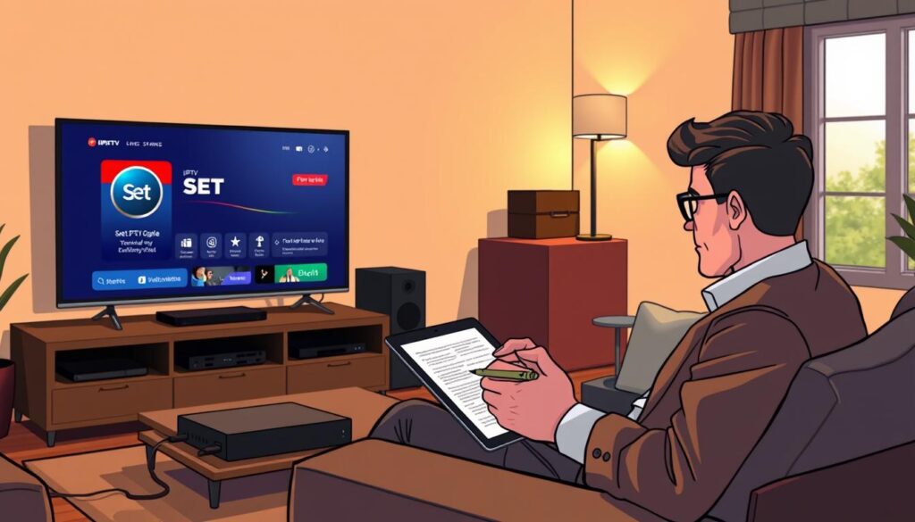 A cozy living room scene depicting a modern smart TV prominently displaying the Set IPTV interface. In the foreground, a focused individual, dressed in smart casual attire, is seated on a comfortable sofa, thoughtfully examining a troubleshooting guide on a tablet. The middle ground includes a stylish entertainment center with neatly arranged tech gadgets, cables, and an IPTV box. The background features warm, ambient lighting illuminating the room, creating a welcoming atmosphere. Soft shadows are cast on the walls, enhancing the depth of the space. A subtle hint of a nearby window suggests daylight filtering through, adding a calm and productive mood.