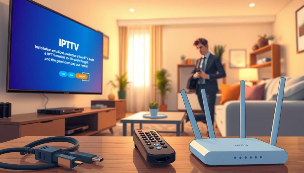 A cozy living room scene featuring a smart TV displaying IPTV installation instructions. In the foreground, neatly arranged tools and devices, like a remote, HDMI cables, and a router, represent the installation process. In the middle ground, a professional individual, dressed in smart casual attire, is focused on connecting the smart TV to the internet and setting up the IPTV service. The background shows a beautifully decorated space with soft lighting creating a warm, inviting atmosphere. The room features modern furniture and a shelf with multimedia devices. The angle is slightly elevated, capturing the entire scene while focusing on the interaction between the person and the technology, emphasizing a theme of ease and accessibility in IPTV setup.