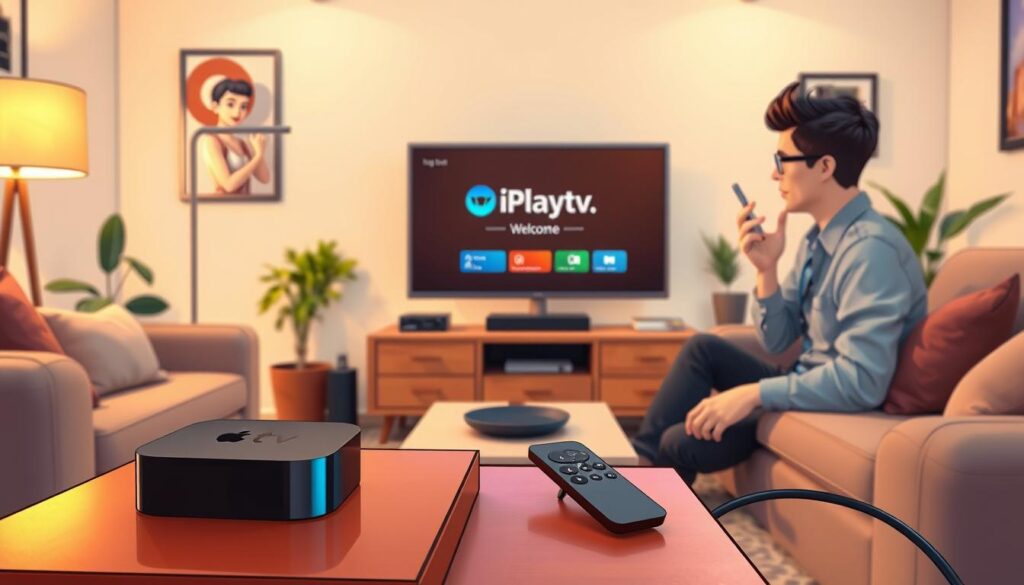 A cozy living room scene featuring an Apple TV set up for iPlayTV installation. In the foreground, a sleek Apple TV device rests on a stylish media console alongside a bright remote control. In the middle, a modern flat-screen TV displays a welcoming iPlayTV interface with vibrant colors. A young professional wearing smart casual clothes is focused on connecting cables and configuring settings, conveying an atmosphere of excitement and ease. The background shows soft, warm lighting that creates a welcoming environment, with comfortable furniture and decorative plants enhancing the cozy feel. The angle captures the essence of a tech-savvy space, emphasizing the seamless integration of technology in daily life. A cozy living room scene featuring an Apple TV set up for iPlayTV installation. In the foreground, a sleek Apple TV device rests on a stylish media console alongside a bright remote control. In the middle, a modern flat-screen TV displays a welcoming iPlayTV interface with vibrant colors. A young professional wearing smart casual clothes is focused on connecting cables and configuring settings, conveying an atmosphere of excitement and ease. The background shows soft, warm lighting that creates a welcoming environment, with comfortable furniture and decorative plants enhancing the cozy feel. The angle captures the essence of a tech-savvy space, emphasizing the seamless integration of technology in daily life.