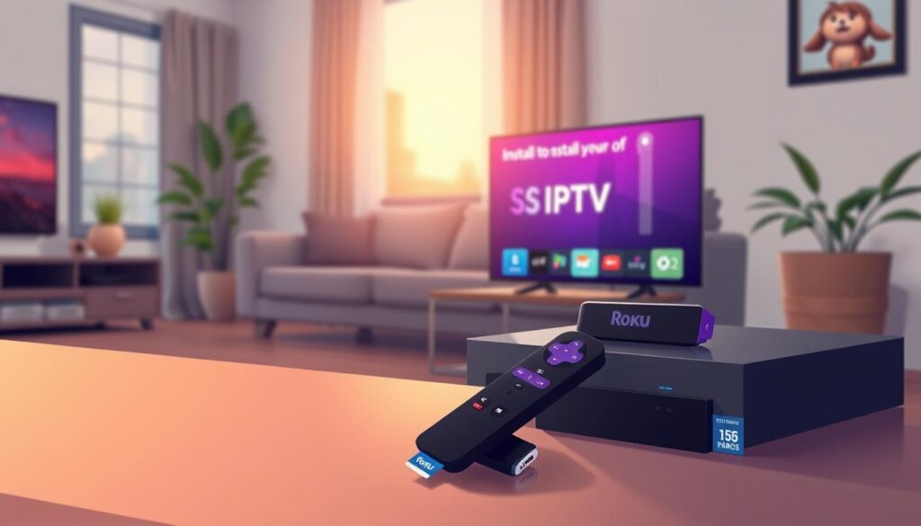 A cozy living room scene showcasing a modern Roku device prominently displayed on a sleek entertainment center. In the foreground, there's a pair of elegant installation tools, like a smartphone and a remote control, both illuminated by soft, warm lighting. The middle ground features the Roku screen with vibrant, user-friendly graphics suggesting the installation of SS IPTV. In the background, a comfortable couch and some decorative plants create a welcoming atmosphere, with a gentle glow suggesting evening light coming through a window. The overall mood is instructional yet inviting, perfect for guiding readers through a simple installation process. The image should avoid any text or branding visible within the scene.