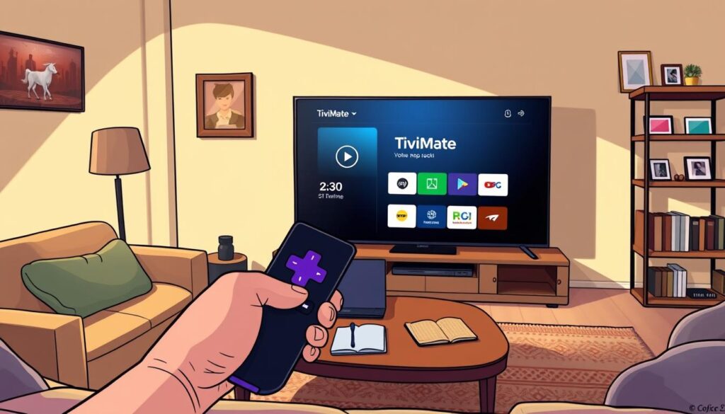 A cozy living room setting featuring a large, flat-screen TV displaying the TiviMate app interface. In the foreground, a hand is seen holding a Roku remote control, poised to select the TiviMate app. The middle layer includes a stylish coffee table with a laptop and a notebook, highlighting a tech-savvy atmosphere. Soft, warm lighting casts gentle shadows around the room, creating an inviting feel. The background shows a shelf with books and framed photos, enhancing the homey environment. The angle is slightly elevated, giving a comprehensive view of the setup while maintaining focus on the Roku remote and TiviMate screen. The mood is focused and encouraging, inviting viewers to learn about the installation process. A cozy living room setting featuring a large, flat-screen TV displaying the TiviMate app interface. In the foreground, a hand is seen holding a Roku remote control, poised to select the TiviMate app. The middle layer includes a stylish coffee table with a laptop and a notebook, highlighting a tech-savvy atmosphere. Soft, warm lighting casts gentle shadows around the room, creating an inviting feel. The background shows a shelf with books and framed photos, enhancing the homey environment. The angle is slightly elevated, giving a comprehensive view of the setup while maintaining focus on the Roku remote and TiviMate screen. The mood is focused and encouraging, inviting viewers to learn about the installation process.