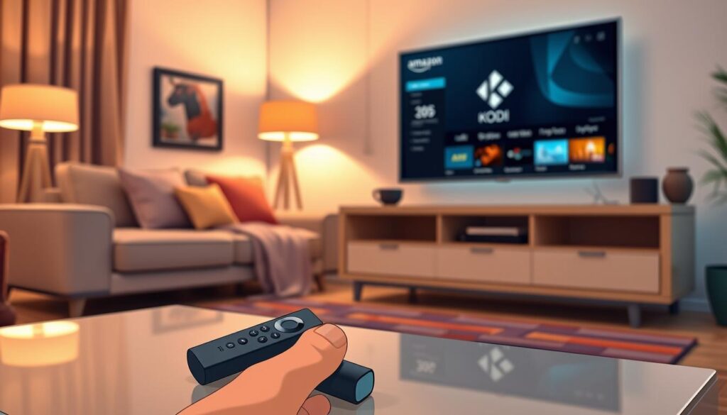 A cozy living room setting featuring a stylish TV stand with an Amazon Fire Stick plugged into a modern flat-screen TV. In the foreground, a remote control is resting casually on a sleek coffee table, while a hand is depicted reaching out to grab it. The middle ground displays a comfortable couch adorned with colorful cushions, and a subtle reflection of the TV screen shows the Kodi interface ready to be configured. The background includes soft, warm lighting emanating from stylish lamps, creating an inviting atmosphere. The overall mood is relaxed and friendly, suggesting an enjoyable experience of setting up Kodi on the Fire Stick. Use a soft-focus lens effect to enhance the inviting ambiance, with a warm color palette throughout.
