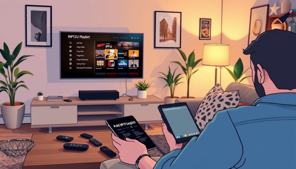 A cozy living room setting with a sleek smart TV prominently displayed on a stylish media unit. In the foreground, a person in casual attire is focused on a tablet, showcasing the process of adding an M3U playlist. The middle-ground features a comfortable sofa adorned with decorative pillows, while a softly lit floor lamp casts a warm glow over the scene. Various streaming device remotes are scattered on a coffee table, hinting at a cozy entertainment environment. In the background, walls decorated with modern art and houseplants create a relaxed atmosphere. The lighting is warm and inviting, suggesting a late afternoon vibe, with soft focus on the TV screen displaying a menu interface related to IPTV.