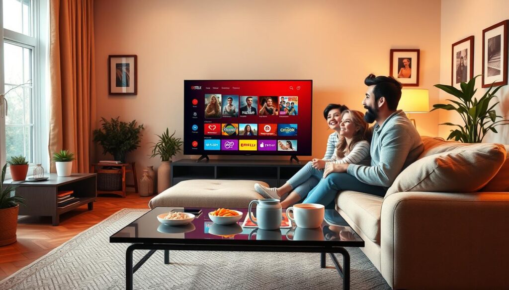A cozy living room setup featuring a modern smart TV displaying a colorful interface of streaming services. In the foreground, a sleek coffee table with snacks and drinks is arranged. In the middle, a comfortable sofa is adorned with pillows, and a family is enjoying the experience: a man and a woman dressed in casual, cozy clothing, watching the screen with expressions of joy and excitement. The ambiance is warm, illuminated by soft lighting from a nearby lamp and natural light streaming through a window. In the background, subtle decor elements like framed pictures and plants enhance the inviting atmosphere, reinforcing the theme of optimal streaming experience. The composition captures a vibrant, engaging moment in high detail, with focus on the interactions of the family.