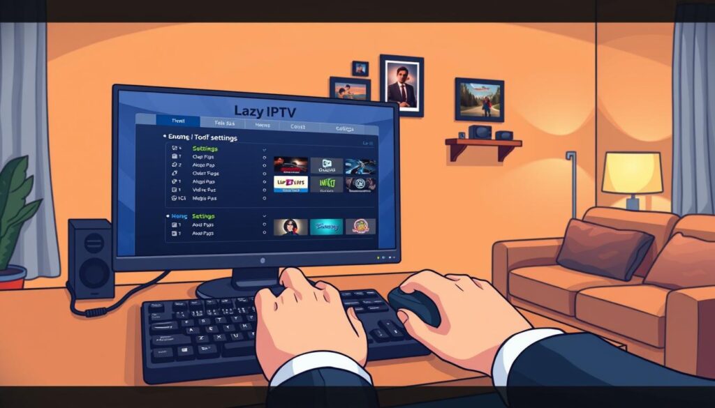 A cozy, well-lit living room setting featuring a modern computer desk with a sleek monitor displaying the Lazy IPTV interface. In the foreground, there is a pair of hands adjusting settings with a keyboard and mouse, illustrating the configuration process; the hands are dressed in professional business attire. In the middle, a warm-toned wall with decorative items like framed pictures of TV shows and a small shelf with tech gadgets adds to the ambiance. The background reveals a comfortable couch and soft lighting from a floor lamp, creating a relaxed atmosphere. The overall mood conveys a sense of ease and engagement with technology, reflecting the article's focus on IPTV settings and features.