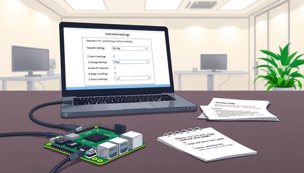 A detailed and informative illustration depicting a Raspberry Pi setup for internet connectivity, focusing on network settings and device connectability. In the foreground, show a Raspberry Pi device connected to a router with Ethernet cables, complemented by a laptop displaying network configuration settings on its screen. In the middle ground, incorporate a sleek workspace with a notepad detailing step-by-step instructions beside the devices. The background features a subtle, modern office environment with soft, ambient lighting to create a professional atmosphere. Use a wide-angle lens perspective to capture the entire setup, ensuring clarity and focus on the tech components while maintaining a clean and organized look, evoking a sense of efficiency and technical expertise. A detailed and informative illustration depicting a Raspberry Pi setup for internet connectivity, focusing on network settings and device connectability. In the foreground, show a Raspberry Pi device connected to a router with Ethernet cables, complemented by a laptop displaying network configuration settings on its screen. In the middle ground, incorporate a sleek workspace with a notepad detailing step-by-step instructions beside the devices. The background features a subtle, modern office environment with soft, ambient lighting to create a professional atmosphere. Use a wide-angle lens perspective to capture the entire setup, ensuring clarity and focus on the tech components while maintaining a clean and organized look, evoking a sense of efficiency and technical expertise.