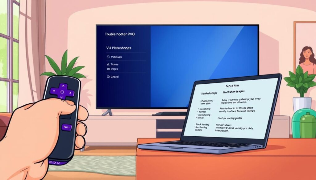 A detailed and informative illustration depicting common installation issues and troubleshooting support for the VU Player Pro on a large flat-screen television. In the foreground, a close-up of a hand interacting with a Roku remote control, navigating through a setup menu. The middle ground features an open laptop displaying troubleshooting tips and guides on the screen. In the background, a well-lit living room setting with a cozy ambiance, showcasing the television prominently. The composition is vibrant and inviting, with soft and balanced lighting to create a professional yet approachable atmosphere. The angle captures both the remote and the laptop side-by-side, emphasizing a practical, tech-savvy scenario without any text or branding.