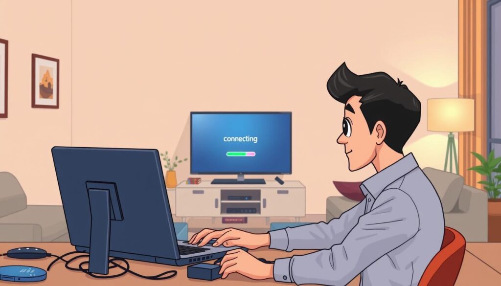 A detailed and visually appealing illustration of a troubleshooting scene for network connectivity issues. In the foreground, a focused technician in smart casual attire is seated at a table with a laptop and various diagnostic tools, examining connection settings on the screen. In the middle ground, a smart TV displays a loading screen, symbolizing connection problems, while a signal strength meter is visible beside it. In the background, a softly-lit living room with a comfortable sofa and decorative elements adds a warm atmosphere. Ambient lighting from a nearby floor lamp casts a gentle glow, enhancing the sense of a professional yet homey environment. The overall mood conveys a blend of concentration and problem-solving urgency.