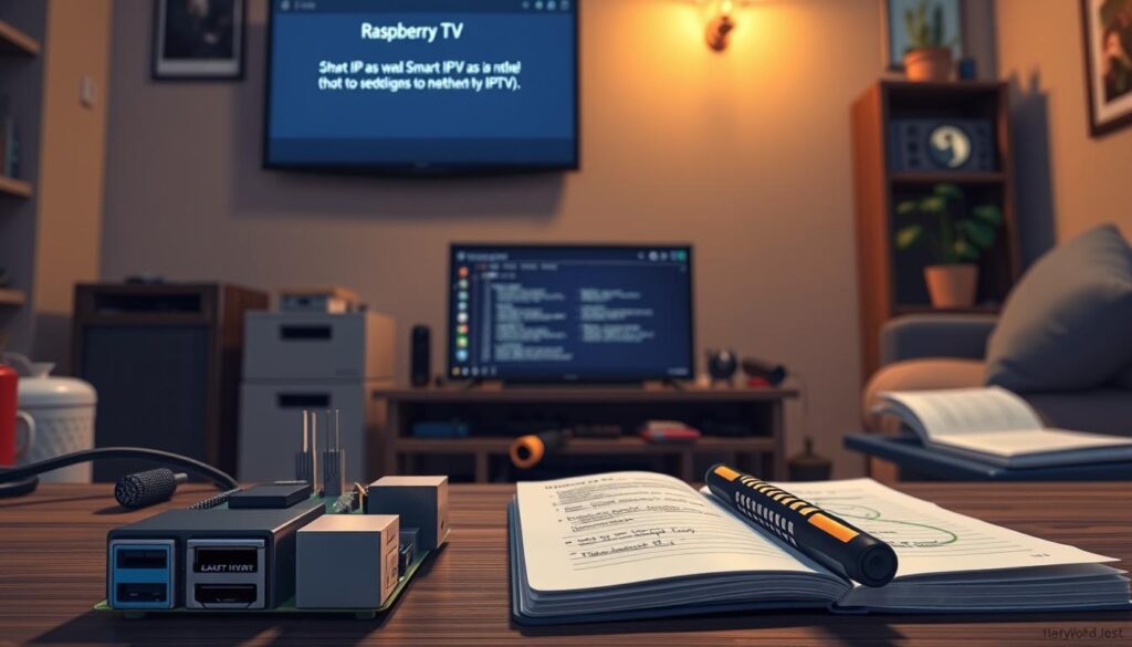 A detailed close-up of a Raspberry Pi connected to a television displaying a Smart IPTV interface, showcasing some common settings and problems. The foreground features the Raspberry Pi with visible ports and cables, and the TV shows an error message on the screen. In the middle, there is a slightly cluttered work desk with tools like a screwdriver, a monitor displaying troubleshooting steps, and a notebook filled with installation notes. The background includes a cozy living room setup with soft, warm lighting illuminating the scene, creating a focused and practical atmosphere. The image captures a mood of problem-solving and essential tips for troubleshooting, emphasizing the user-friendly aspect of the installation process.