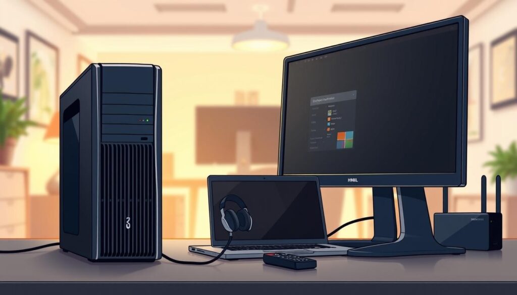 A detailed digital illustration depicting the system requirements for a Windows IPTV setup. In the foreground, a sleek modern PC tower, a professional laptop, and a high-definition monitor showcase their connectivity options like HDMI and Ethernet ports. The middle ground features a well-organized workspace with essential accessories such as headphones, a streaming remote, and an internet router. The background is a soft-focus office environment with warm lighting, suggesting a cozy yet tech-savvy atmosphere, enhanced by a slight bokeh effect on the edges. The mood is focused and inviting, ideal for a tech installation scene, conveying professionalism and modernity without any text, ensuring a clean visual.