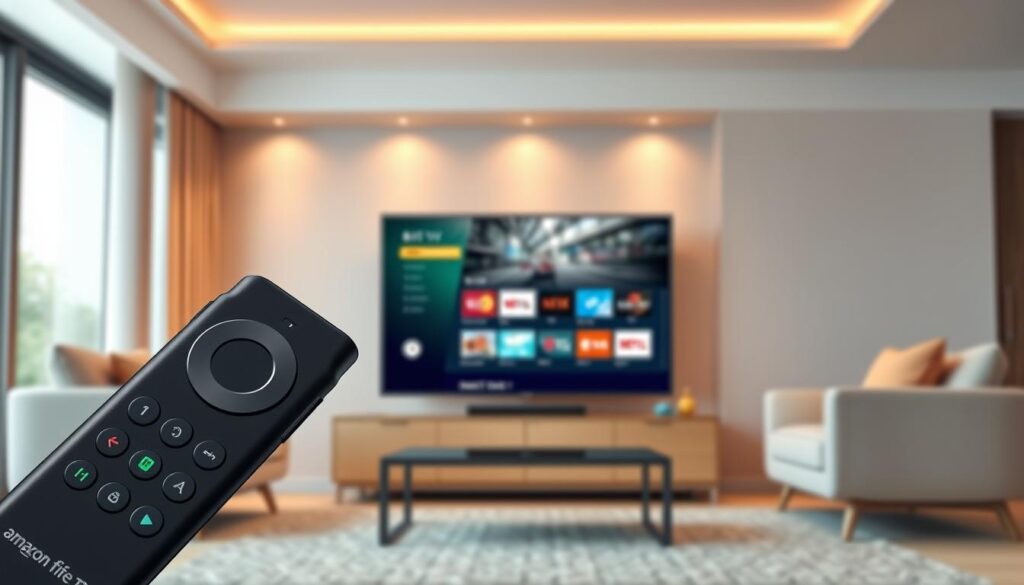 A detailed flat lay image featuring the GSE Smart IPTV application interface displayed on an Amazon Fire Stick TV remote control, set against a sleek modern living room background. The foreground showcases the remote prominently, with a clear view of the colorful buttons and the Fire Stick logo. In the middle, the image reveals a stylish television screen showcasing the GSE Smart IPTV interface, highlighting various channels and a user-friendly layout. The background features a cozy sofa and ambient lighting, creating a warm, inviting atmosphere. Soft focus is applied to the background to emphasize the remote and TV screen. Natural light filters in from a window, enhancing the room's modern aesthetic. The overall mood is inviting and informative, perfect for illustrating tech guidance.