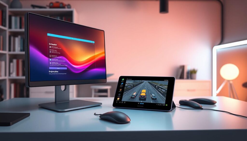 A detailed, high-tech workspace featuring a computer monitor displaying a side-by-side comparison of two Android emulators on a clean desktop. In the foreground, a sleek laptop with a vibrant screen shows a running emulator interface. In the middle, a digital tablet sits next to a mouse, showcasing a mobile game being tested on an emulator. The background features soft ambient lighting with bright LED strips, giving a futuristic atmosphere. The setting is modern and minimalist, with a blurred bookshelf filled with tech books and gadgets. The overall mood is professional and innovative, reflecting efficient multitasking in software development. The image is well-composed with a focus on clarity and detail, highlighting the comparison aspects of Android emulators.