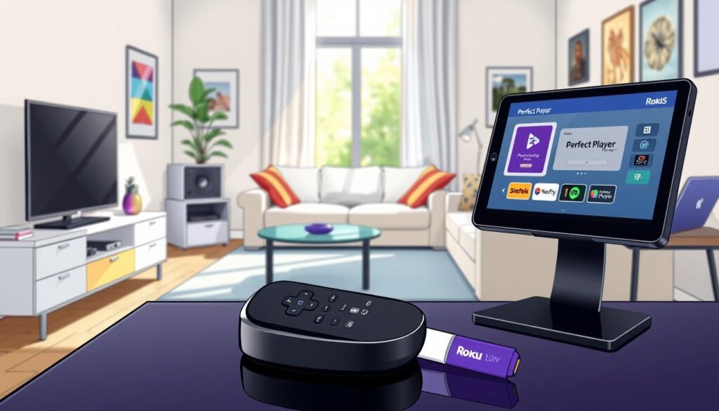A detailed illustration of a step-by-step installation guide for Perfect Player on a Roku device. In the foreground, a sleek Roku device sits atop a stylish TV stand, next to a remote control and a tablet displaying the Perfect Player interface. The middle ground features a bright, inviting living room with a comfortable sofa and modern decor. Various devices, such as a smart television and a laptop, can be seen in the background to suggest a tech-savvy environment. Natural light streams in from a window, casting soft shadows. The atmosphere is professional yet approachable, aiming to engage readers by emphasizing clarity and simplicity in technology setup. The image should have vibrant colors to evoke a sense of warmth and comfort, suitable for a home viewing experience.