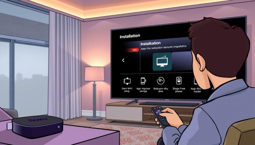 A detailed illustration of the IPTV installation process on a Roku device, showcasing key steps and technical requirements. In the foreground, a modern living room setting features a sleek Roku device connected to a flat-screen TV, with a person in professional business attire carefully navigating the installation interface on a remote control. The middle layer displays an infographic-style depiction of the steps involved, including Wi-Fi setup and app downloads, with icons representing each step. In the background, soft ambient lighting creates a warm, inviting atmosphere, emphasizing the tech-savvy nature of the scene. The overall mood is focused and instructional, capturing the essence of a guide on setting up IPTV on Roku. A detailed illustration of the IPTV installation process on a Roku device, showcasing key steps and technical requirements. In the foreground, a modern living room setting features a sleek Roku device connected to a flat-screen TV, with a person in professional business attire carefully navigating the installation interface on a remote control. The middle layer displays an infographic-style depiction of the steps involved, including Wi-Fi setup and app downloads, with icons representing each step. In the background, soft ambient lighting creates a warm, inviting atmosphere, emphasizing the tech-savvy nature of the scene. The overall mood is focused and instructional, capturing the essence of a guide on setting up IPTV on Roku.