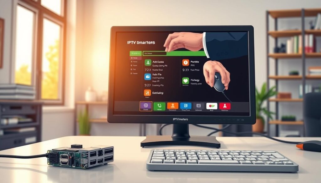 A detailed scene showcasing the installation of IPTV Smarters on a Raspberry Pi. In the foreground, a Raspberry Pi device connected to a monitor and a keyboard on a clean, well-organized workspace. The middle layer features a wide view of the monitor displaying the IPTV Smarters interface, with brightly colored icons and menus. A hand in professional business attire is navigating the interface using a mouse, emphasizing user interaction. The background is softly blurred, depicting an indoor setting with shelves containing tech books and cables, illuminated by warm, natural light coming from a nearby window. The overall atmosphere conveys a sense of focused productivity and modern technology, inviting viewers to delve into the installation process.