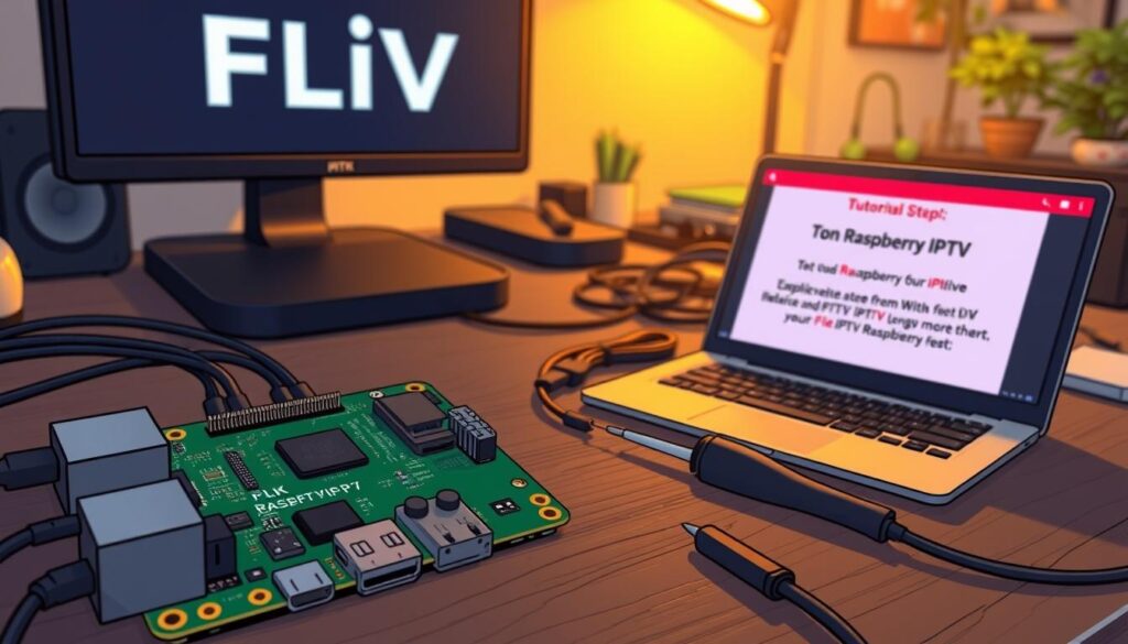 A detailed, step-by-step scene illustrating the installation of Flix IPTV on a Raspberry Pi. In the foreground, a Raspberry Pi board is connected to a monitor displaying the Flix IPTV interface, with an open laptop nearby showing a tutorial on screen. In the middle ground, tools like a screwdriver and cables are neatly arranged, indicating a DIY atmosphere. The background features a cozy workspace, with soft ambient lighting highlighting the tech gadgets around. The image is captured from a slight overhead angle to provide depth, with a focus on clarity and detail. The mood is informative and engaging, inviting viewers to learn about the installation process. No text or watermarks present.