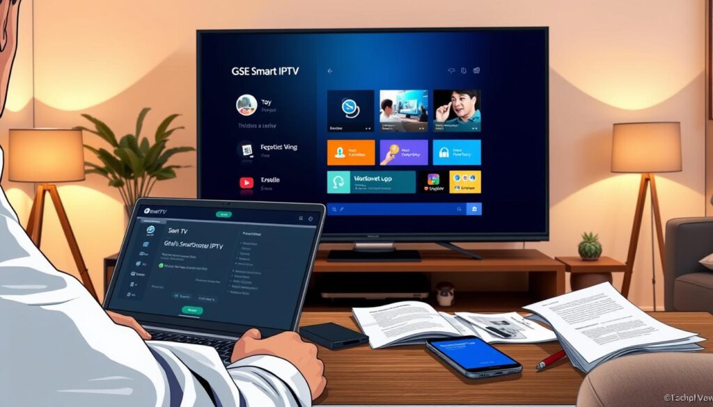 A detailed workspace featuring a close-up view of a modern smart TV setup, with the screen displaying the GSE Smart IPTV interface. In the foreground, a person in business casual attire is intently troubleshooting issues on a laptop, surrounded by digital tools and guides. The middle ground shows a cozy living room environment, with a comfortable sofa, a coffee table cluttered with tech manuals, and a smartphone with the GSE Smart IPTV app open. The background highlights a soft-lit room ambiance, with warm lighting setting a focused yet relaxed atmosphere. Ensure the composition is well-balanced and inviting, capturing the essence of problem-solving in a home tech context.