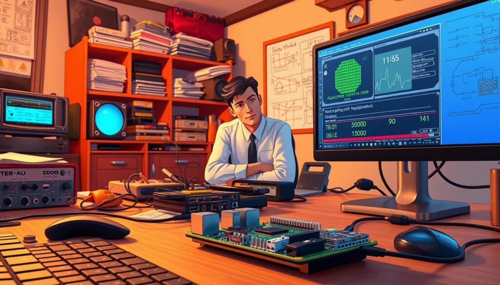 A detailed workspace scene depicting a Raspberry Pi setup focused on IPTV troubleshooting and performance optimization. In the foreground, a Raspberry Pi board is connected to various peripherals like a keyboard, mouse, and LED screen showing diagnostic information. The middle layer features a technician in professional attire intently observing the screen, with tools like a multimeter and cables scattered about. In the background, a softly lit room cluttered with tech equipment, a bookshelf filled with manuals, and a whiteboard filled with diagrams and notes. The lighting is warm and inviting, creating a focused yet relaxed atmosphere, shot from a slightly elevated angle to provide depth and context.