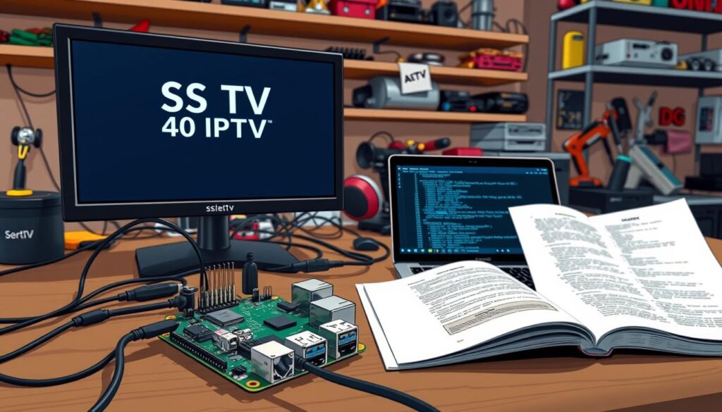 A detailed workspace showcasing the installation of SS IPTV on a Raspberry Pi. In the foreground, a Raspberry Pi board connected to a monitor displaying the SS IPTV interface, surrounded by a soldering kit and wires for a hands-on installation feel. In the middle, a neatly arranged workspace includes a laptop with programming code on screen and an open user manual, capturing the technical aspect. The background shows shelves filled with electronics tools and gadgets, softly lit with warm lighting, creating a cozy yet focused atmosphere. The image is photographed from a slightly elevated angle, highlighting the equipment while maintaining a professional and inviting mood, perfect for a tech installation guide.