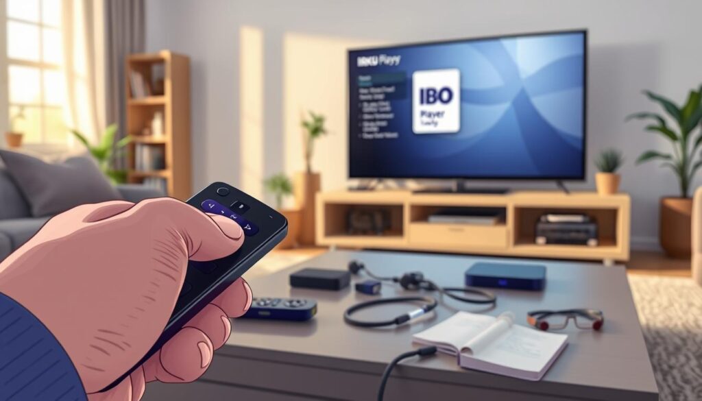 A digital troubleshooting scene showcasing the IBO Player application interface on a Roku device. In the foreground, a close-up of a hand tapping on a sleek Roku remote control, with the IBO Player app screen prominently displayed on a modern flat-screen TV. In the middle ground, a cozy living room setting with a coffee table featuring tech gadgets, cables, and a notepad with troubleshooting notes. Soft, natural lighting from a nearby window casts a warm glow, enhancing the inviting atmosphere. The background features a subtle blurred view of a bookshelf and potted plants, creating a sense of comfort. The overall mood is focused yet relaxed, perfect for engaging with technology issues in a home environment.