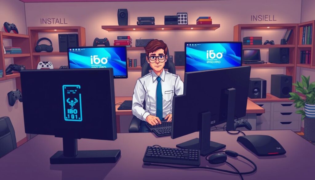 A focused scene depicting a professional gaming setup for the installation of ibo pro on a Windows PC. In the foreground, showcase a sleek, modern desk with a high-end computer, multiple monitors showing installation screens, and various gaming peripherals. The middle ground should feature a person in professional business attire, engaged in the installation process, ensuring a clear demonstration of expertise. The background can include shelves with gaming accessories and books, with soft, ambient lighting creating a welcoming atmosphere. The angle should be slightly elevated to capture both the person’s focus and the computer setup, conveying a mood of productivity and professionalism.