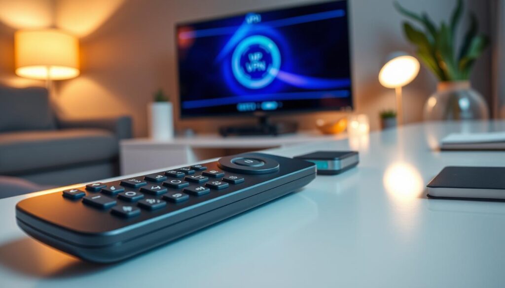 A highly detailed and realistic depiction of a remote control for a VPN service, lying on a sleek, modern desk. The remote features an intuitive design with various buttons, including a power button and icons representing network connections. In the background, soft-focus elements suggest a cozy home environment, with a Raspberry Pi device connected to a television, displaying a serene digital interface. The scene is well-lit with warm, diffused lighting, creating an inviting atmosphere. The angle is slightly overhead, emphasizing both the remote control and the tech setup. The color palette includes soft blues and grays, evoking a sense of tranquility and modern technology.