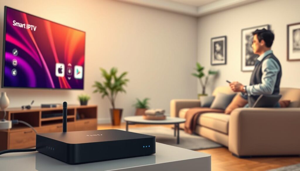 A highly detailed and vivid scene showcasing an Android TV box setup for Smart IPTV installation. In the foreground, a sleek Android TV box connected to a modern flat-screen TV displays the Smart IPTV interface with vibrant graphics. To the side, a user, dressed in smart casual attire, is holding a remote control, engaged in the installation process. In the middle ground, a stylish living room with contemporary furniture, soft lighting, and a cozy atmosphere complements the scene. The background features decorative elements like plants and artwork, creating a welcoming environment. The mood is focused and user-friendly, emphasizing technology integration in daily life. The shot captures the ease of installation, with a warm, inviting color palette and soft natural light coming from a window.