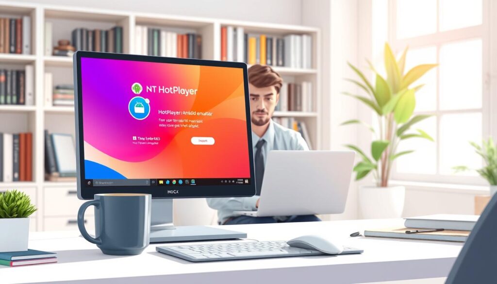 A lively and engaging depiction of a computer screen showing the installation process of the HotPlayer Android emulator on a Windows PC. In the foreground, a clean, modern desk setup with a laptop, mouse, and a cup of coffee. The screen prominently displays a vibrant installation interface of HotPlayer, with colorful icons and progress bars. In the middle ground, a focused person wearing business casual attire, attentively following the installation steps, showcasing professionalism and engagement. The background features soft-focus elements like bookshelves filled with tech books and a potted plant, creating a cozy workspace ambiance. Bright, natural light filters in from a nearby window, creating a warm atmosphere that invites productivity and learning.