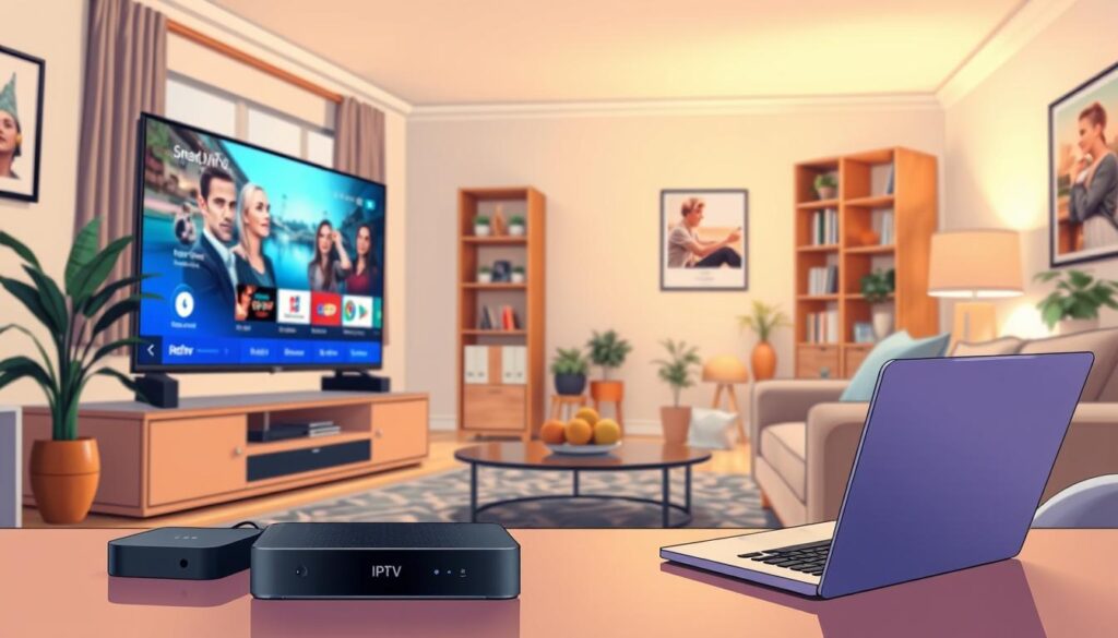 A modern Smart TV displaying an IPTV interface, prominently positioned in the foreground, showcasing vibrant streaming content. Surrounding the TV, sleek devices such as a streaming box and soundbar are neatly arranged, emphasizing integration with both the television and a laptop nearby, demonstrating multi-device connectivity. In the middle ground, a cozy living room is depicted, featuring contemporary furniture with a warm ambiance, complemented by soft lighting from a nearby lamp. The background includes a stylish bookshelf and decorative plants, enhancing the inviting atmosphere. The scene is viewed from a slightly elevated angle, capturing the entire setup, evoking a feeling of innovation and modernity in home entertainment systems, perfect for illustrating the seamless connectivity of devices. A modern Smart TV displaying an IPTV interface, prominently positioned in the foreground, showcasing vibrant streaming content. Surrounding the TV, sleek devices such as a streaming box and soundbar are neatly arranged, emphasizing integration with both the television and a laptop nearby, demonstrating multi-device connectivity. In the middle ground, a cozy living room is depicted, featuring contemporary furniture with a warm ambiance, complemented by soft lighting from a nearby lamp. The background includes a stylish bookshelf and decorative plants, enhancing the inviting atmosphere. The scene is viewed from a slightly elevated angle, capturing the entire setup, evoking a feeling of innovation and modernity in home entertainment systems, perfect for illustrating the seamless connectivity of devices.