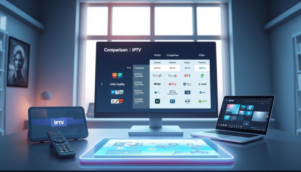 A modern and sleek digital comparison chart of various IPTV players displayed on a high-tech workstation. In the foreground, a vivid, glowing tablet showcases the user interface of an IPTV application, surrounded by a futuristic remote control and a laptop with IPTV player icons on its screen. The middle of the image features a stylish desktop monitor showing side-by-side comparisons of IPTV features, like video quality, interface design, and compatibility. In the background, a softly lit room with a contemporary design, featuring a large window with natural light illuminating the scene. The atmosphere is professional and tech-savvy, emphasizing clarity and functionality, with cool blue and gray tones. No text or logos on screen.