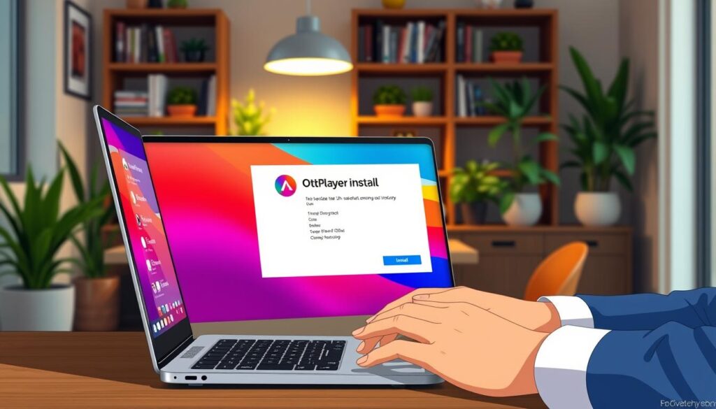 A modern desktop setup showcasing the installation process of OttPlayer on a Windows PC. In the foreground, a sleek laptop is open, displaying the OttPlayer installation screen with vibrant colors and clear interface icons. Nearby, a pair of hands, clad in a professional business attire, are interacting with the touchpad. In the middle ground, a cozy workspace with a wooden desk and an ambient desk lamp provides warm lighting, creating a focused atmosphere. The background features a stylish bookshelf filled with tech books and potted plants, subtly blurred to emphasize the installation process. The overall mood is productive and inviting, illustrating a seamless technology integration in everyday life.