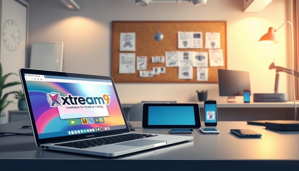 A modern digital workspace scene depicting various alternative installation methods and emulators for software setup. In the foreground, a sleek laptop is open, displaying a vibrant user interface showcasing Xtream9 software. To the side, an array of devices such as tablets and smartphones are connected, representing different platforms. In the middle, diagrams and flowcharts illustrating installation steps are pinned on a corkboard. The background features a contemporary office setting with minimalistic decor, warm lighting enhancing the atmosphere. A subtle focus on tech gadgets and software manuals gives the image a professional vibe. The angle is slightly elevated, capturing the entire workspace to evoke a sense of innovation and tech-savvy. A modern digital workspace scene depicting various alternative installation methods and emulators for software setup. In the foreground, a sleek laptop is open, displaying a vibrant user interface showcasing Xtream9 software. To the side, an array of devices such as tablets and smartphones are connected, representing different platforms. In the middle, diagrams and flowcharts illustrating installation steps are pinned on a corkboard. The background features a contemporary office setting with minimalistic decor, warm lighting enhancing the atmosphere. A subtle focus on tech gadgets and software manuals gives the image a professional vibe. The angle is slightly elevated, capturing the entire workspace to evoke a sense of innovation and tech-savvy.