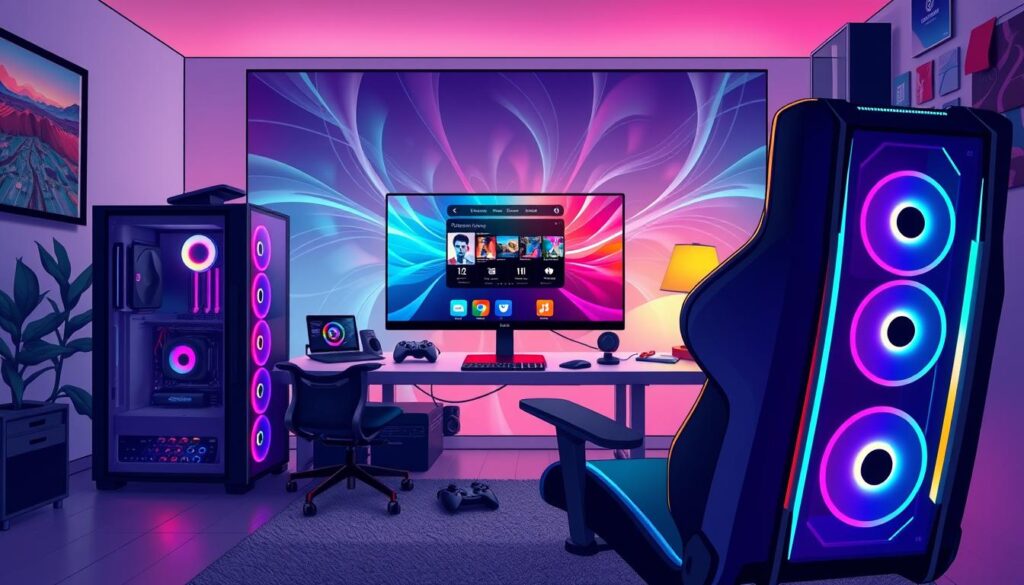 A modern gaming setup in a sleek, well-organized home office. In the foreground, a high-end gaming PC with transparent side panels showcasing colorful RGB lighting, paired with an ergonomic gaming chair. The middle ground features a large monitor displaying the iPlayTV interface, surrounded by gaming accessories like a wireless headset and a game controller. The background is filled with ambient lighting, displaying abstract patterns that evoke a sense of excitement and immersion. Soft, even lighting enhances the workspace, with a warm glow from a nearby desk lamp. The image conveys a vibrant, focused atmosphere ideal for an immersive gaming experience, capturing the essence of optimal system settings for enjoyment and performance.