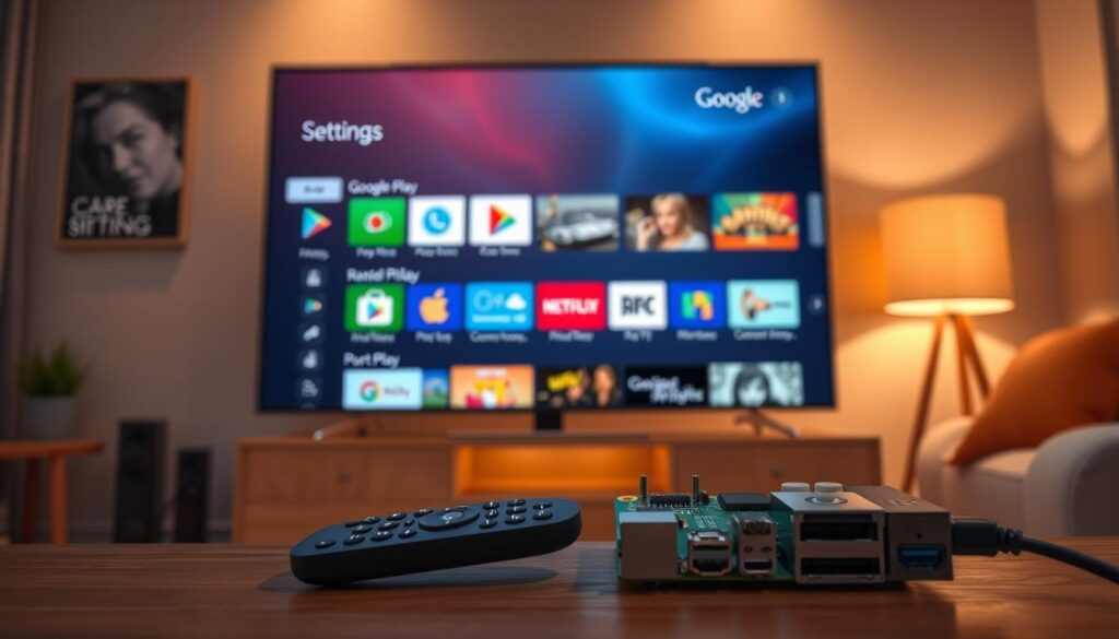 A modern, high-tech Android TV interface showing the Google Play settings menu specifically designed for IPTV applications. The foreground features a close-up view of a sleek Raspberry Pi device connected to a flat-screen television displaying colorful app icons and options for Google Play settings. In the middle, a remote control rests beside the Raspberry Pi, emphasizing user interaction. The background is a cozy living room setting with soft ambient lighting creating a warm atmosphere, accentuating family entertainment. The composition should capture a sense of innovation and modern technology while ensuring clarity in the visual elements. The focus is on the device and the interface, with no people present.