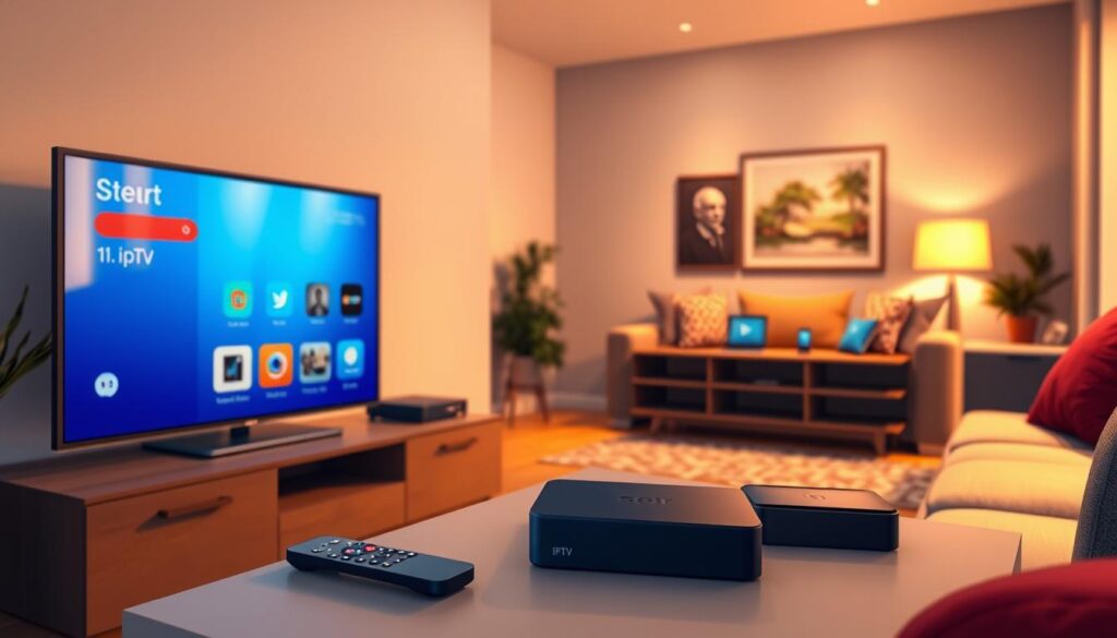 A modern home entertainment setup featuring various devices compatible with Set IPTV. In the foreground, a sleek smart TV displays the Set IPTV interface on the screen, with a stylish remote control resting beside it. The middle ground showcases several devices such as a streaming box, a tablet, and a smartphone, all neatly arranged on a minimalist TV cabinet. The background depicts a warm, inviting living room with soft ambient lighting, a cozy sofa, and artwork on the walls, creating a relaxed atmosphere. The scene is shot from a slightly elevated angle to capture all elements clearly, utilizing natural lighting to enhance the home's welcoming vibe. The overall mood emphasizes comfort and advanced technology in home entertainment.