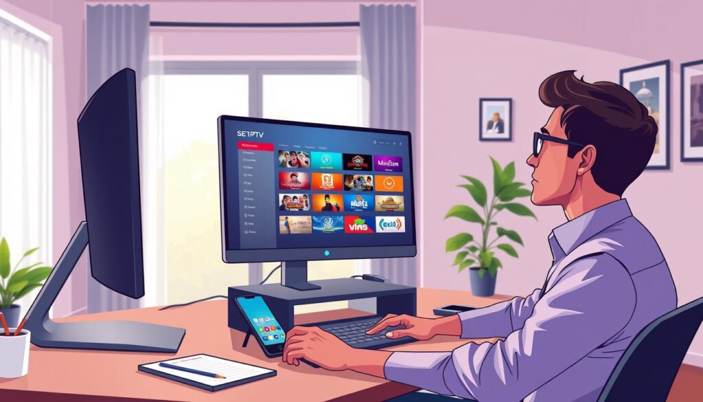 A modern home office setting featuring a sleek PC setup on a stylish desk. In the foreground, a focused individual in smart casual attire is seated, intently configuring the SET IPTV application on the computer screen, which displays vibrant channel options. The middle ground showcases an organized workspace with a notepad and a smartphone for reference. In the background, soft natural light filters through a large window, illuminating the room and creating a warm, inviting atmosphere. The walls are adorned with minimalistic decor related to technology and entertainment, enhancing the theme of digital connection. A sense of concentration and productivity permeates the scene, capturing the essence of activating and customizing IPTV services. A modern home office setting featuring a sleek PC setup on a stylish desk. In the foreground, a focused individual in smart casual attire is seated, intently configuring the SET IPTV application on the computer screen, which displays vibrant channel options. The middle ground showcases an organized workspace with a notepad and a smartphone for reference. In the background, soft natural light filters through a large window, illuminating the room and creating a warm, inviting atmosphere. The walls are adorned with minimalistic decor related to technology and entertainment, enhancing the theme of digital connection. A sense of concentration and productivity permeates the scene, capturing the essence of activating and customizing IPTV services.
