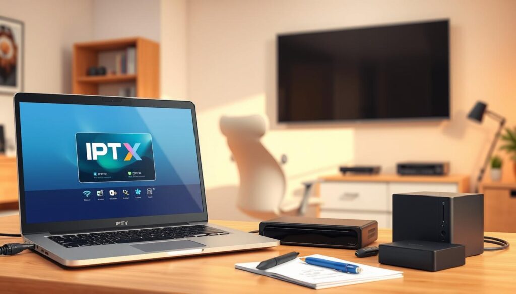 A modern home office setup showcasing IPTV requirements and accessories. In the foreground, a sleek, high-quality laptop displaying an IPTV player interface, surrounded by essential streaming gadgets like a Wi-Fi router, HDMI cables, and an external hard drive. In the middle ground, a comfortable ergonomic chair and a well-organized desk with a notepad and pen, hinting at the technical aspects of installation. The background features soft, ambient lighting highlighting a large wall-mounted TV, emphasizing the integration of IPTV. Use bright, warm colors for a friendly, inviting mood, with a slight focus blur on the background to draw attention to the central accessories. The angle should be slightly above eye level to capture the entire setup harmoniously.
