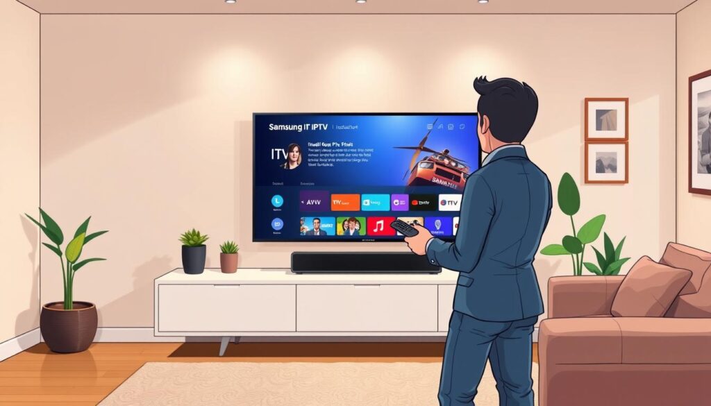 A modern living room featuring a Samsung Smart TV displaying the Smart IPTV installation interface. In the foreground, a person dressed in business casual attire is attentively setting up the TV, holding a remote control. The middle ground showcases the elegant Smart TV prominently against a stylish wall unit, with a sleek soundbar underneath. Soft, warm lighting creates a cozy atmosphere, highlighting the high-tech screen with colorful IPTV options. The background includes a comfortable sofa, decorative plants, and framed pictures on the walls, conveying a welcoming home environment. The scene is captured from a slightly elevated angle, focusing on the setup process while maintaining a clear view of the TV and the engaged individual.