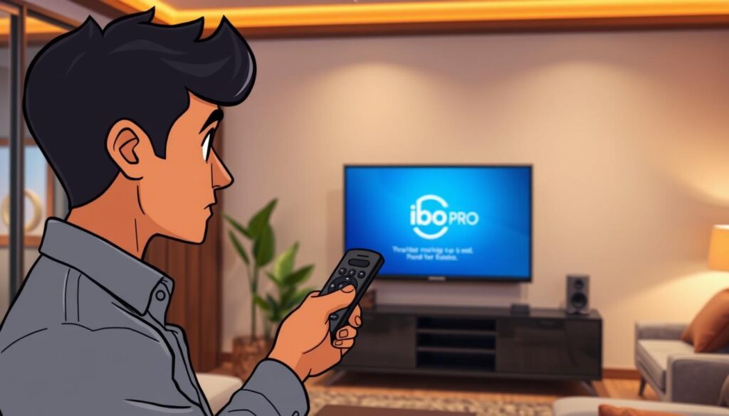 A modern living room featuring a Samsung Smart TV displaying the ibo pro installation interface. In the foreground, a focused individual in smart casual attire, with a thoughtful expression, is holding a remote control and pointing it at the TV. In the middle, the sleek black TV has a clear and vibrant screen showing the ibo pro logo, surrounded by stylish decor elements like a potted plant and a cozy sofa. In the background, warm ambient lighting illuminates the room, enhancing the inviting atmosphere. The scene is shot from a slightly elevated angle, capturing both the person and the TV, emphasizing the installation process. The overall mood is engaging and contemporary, ideal for a tech-savvy audience.