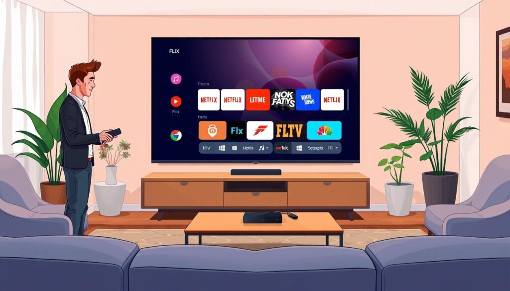 A modern living room featuring a large smart TV displaying the Flix IPTV Smarters interface. In the foreground, a user, a person in smart casual attire, is holding a remote and interacting with the TV, looking engaged and focused. The middle ground showcases a stylish coffee table with a few tech gadgets and a streaming device. The background is a cozy, well-decorated room with soft lighting, warm tones, and plants, creating an inviting atmosphere. The scene is captured from a slightly low angle, emphasizing the TV and the user’s interaction, conveyed in a professional and vibrant style. Soft shadows enhance the depth, highlighting the modern technology and enhancing the mood of excitement around streaming content.