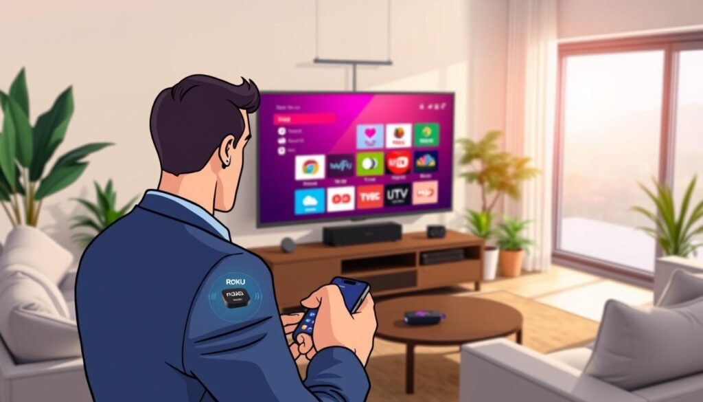 A modern living room featuring a sleek Roku device connected to a large flat-screen TV displaying the interface of an M3U IPTV player. In the foreground, a professional, well-dressed person eagerly sets up their Roku using a smartphone, with an illustrated M3U playlist icon visible on the phone screen. The middle ground showcases the vibrant, user-friendly Roku interface on the TV, with colorful icons symbolizing various IPTV channels. In the background, soft natural light filters through a window, illuminating the cozy ambiance of the room, which is tastefully decorated with contemporary furniture and indoor plants. The mood is focused and engaging, emphasizing the ease of IPTV installation on Roku.