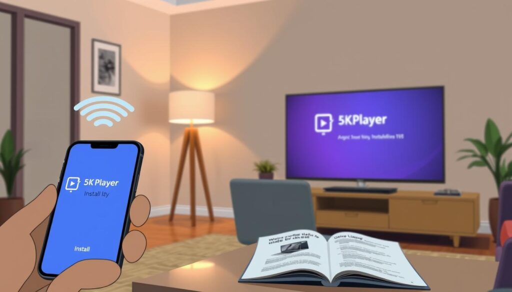 A modern living room featuring a sleek smart TV displaying the 5KPlayer installation screen. In the foreground, a smartphone connected to the TV via a wireless connection, with a glowing screen indication of the setup process. In the middle, a coffee table with a laptop and user manual open, showcasing instructions on installing 5KPlayer. The background shows a soft, ambient light coming from a lamp, enhancing the cozy atmosphere. The room is stylishly decorated with minimalist furniture and a few indoor plants. Capture the scene from a slightly elevated angle, emphasizing the tech-savvy environment, making it inviting and relatable for viewers.