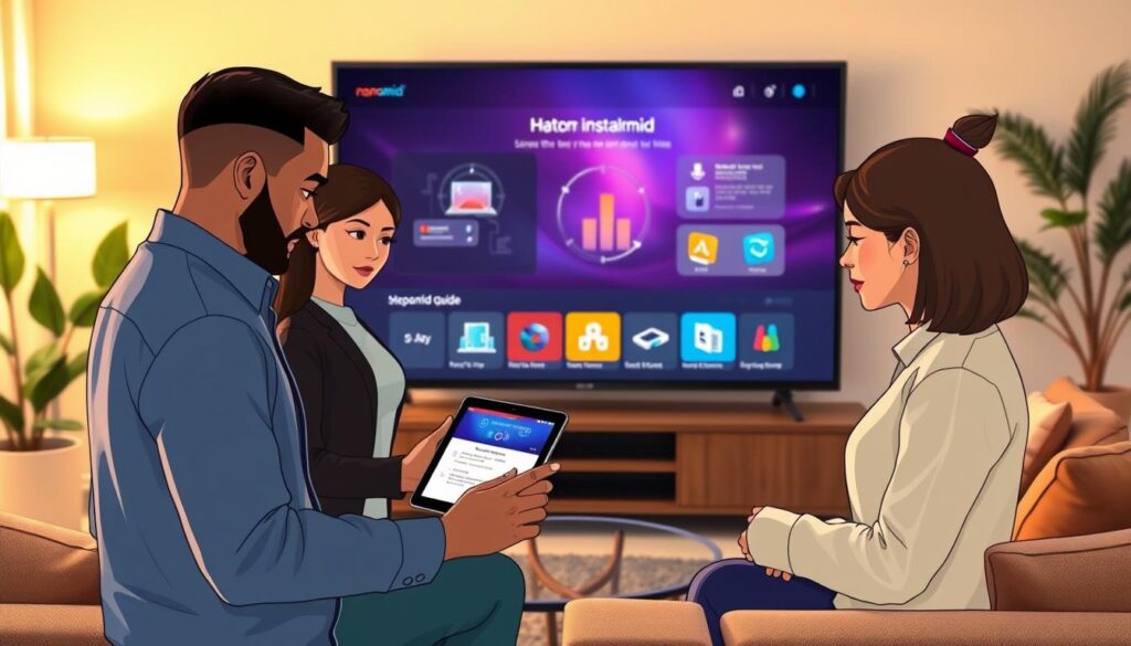 A modern living room featuring a sleek smart TV displaying the Nanomid installation interface. In the foreground, a diverse group of three individuals, one male and two females, dressed in smart-casual attire, are intently following a step-by-step guide on a tablet. The middle layer includes the smart TV prominently displaying vibrant graphics and technical diagrams related to the installation process. In the background, soft, warm lighting creates a cozy atmosphere, with stylish furniture and decorative plants that enhance the contemporary feel of the space. The scene is captured from an angle that highlights the interaction between the people and the TV, emphasizing the collaborative spirit of the installation process.