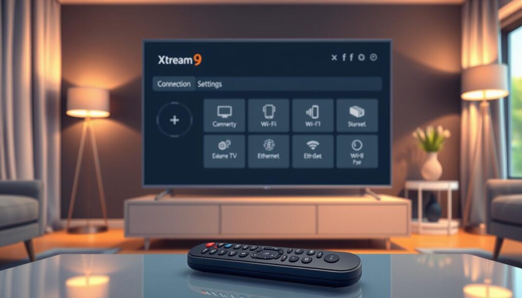 A modern living room featuring a sleek, smart TV screen displaying the "Xtream9 connection settings" interface. In the foreground, a remote control rests on a stylish coffee table, with a subtle reflection on its surface. The middle ground showcases the TV with sharp, user-friendly icons representing connection options like Wi-Fi and Ethernet. The background is blurred, suggesting a cozy ambiance with soft lighting emanating from floor lamps and natural sunlight filtering through window curtains. The overall atmosphere is one of efficiency and sophistication, evoking a sense of tech-savvy comfort. The image should have a warm color palette, with balanced brightness and soft shadows, capturing a contemporary design aesthetic.